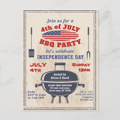 Vintage Independence Day 4th of JULY BBQ Party Invitation Postcard