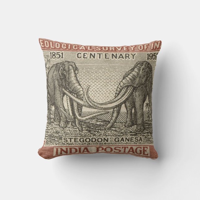 Vintage India Postage Stamp Throw Pillow (Front)