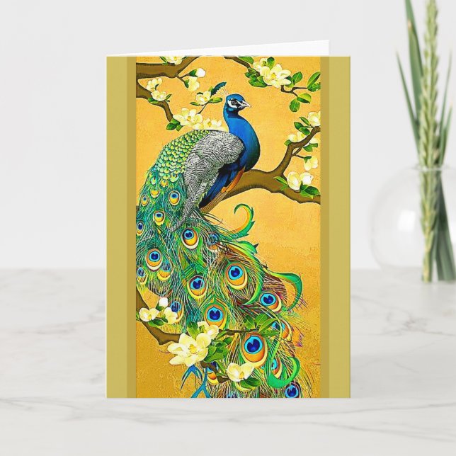 Vintage Indian Blue Peacock Holiday Card (Front)