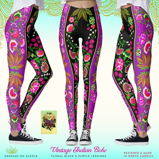 Vintage Indian Boho Floral Black & Purple Leggings (Creator Uploaded)