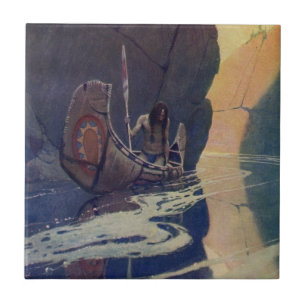 Vintage Indian Canoe Paddling Sun Classic Ceramic Tile