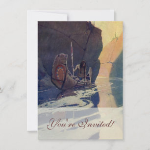 Vintage Indian Canoe Paddling Sun Classic Invitation