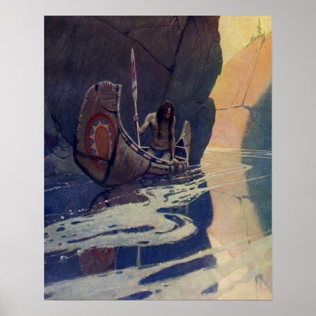 Vintage Indian Canoe Paddling Sun Classic Poster (Front)