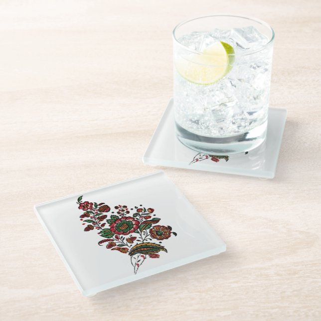 Vintage Indian Cotton Chintz Fabric  Glass Coaster (Angled)