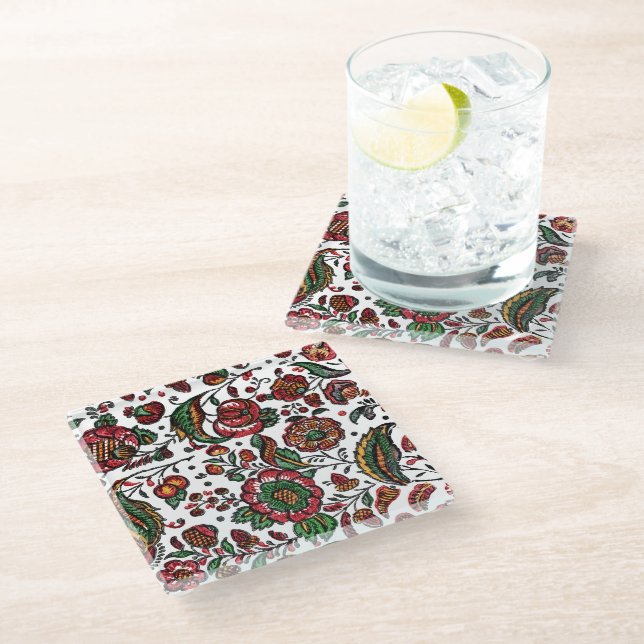 Vintage Indian Cotton Chintz Fabric  Glass Coaster (Angled)