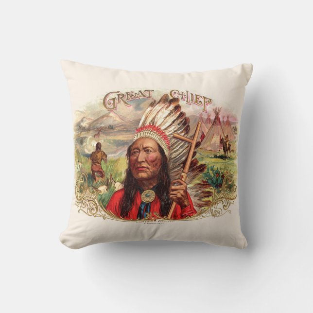 Vintage Indian Great Chief Cigar Box Throw Pillow (Front)