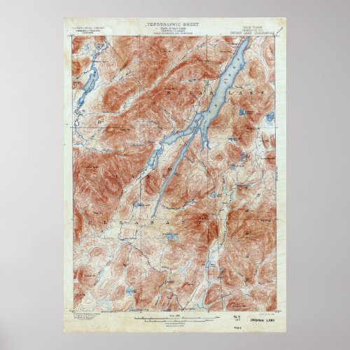 Vintage Indian Lake New York Topographical Map Poster