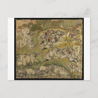 VINTAGE INDIAN PAINTING - WARFARE ON ELEPHANTS POSTCARD