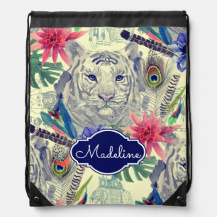 Vintage Indian Style Tiger Pattern Add Your Name Drawstring Bag
