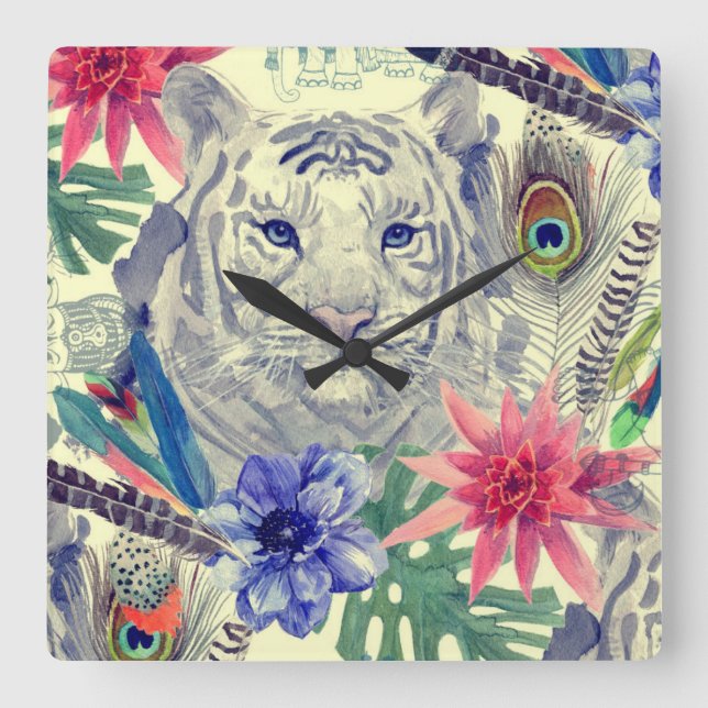 Vintage Indian Style Tiger Pattern Square Wall Clock (Front)