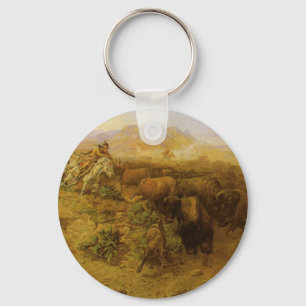 Vintage Indians, Buffalo Hunt by CM Russell Keychain