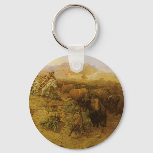 Vintage Indians Buffalo Hunt by CM Russell Keychain