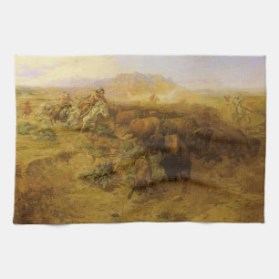 Vintage Indians, Buffalo Hunt by CM Russell Kitchen Towel