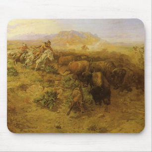 Vintage Indians, Buffalo Hunt by CM Russell Mouse Pad