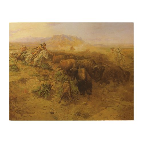 Vintage Indians Buffalo Hunt by CM Russell Wood Wall Art