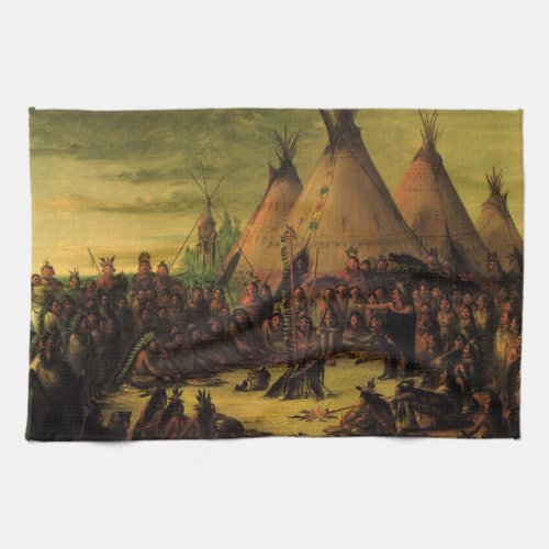 Vintage Indians Sioux War Council by Catlin Kitchen Towel