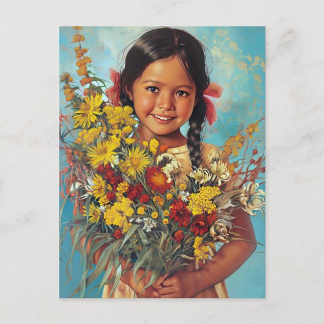 Vintage Indigenous Australian Girl With Flowers Postcard (Front)