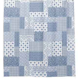 Vintage Indigo Blue and White Faux Patchwork Shower Curtain