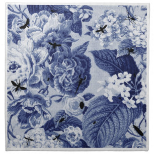 Vintage Indigo Blue Botanical & Bees Floral Toile Cloth Napkin