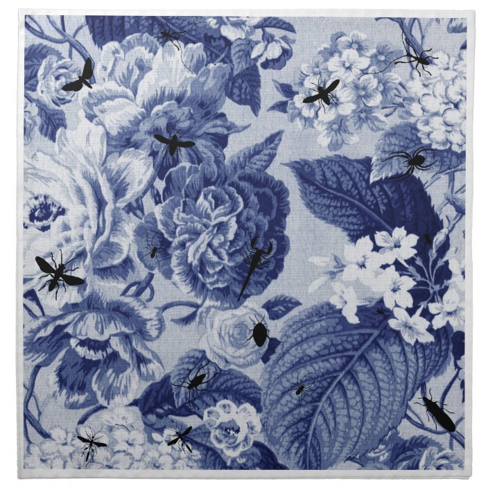 Vintage Indigo Blue Botanical Bees Floral Toile Cloth Napkin