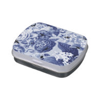 Vintage Indigo Blue Botanical & Bees Floral Toile Jelly Belly Candy Tin