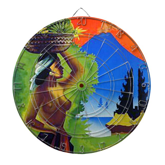 Vintage Indonesia Bali Travel Poster Dartboard With Darts (Front)