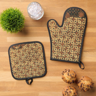 Vintage Indonesian Batik Kawung Pattern Rustic Oven Mitt & Pot Holder Set