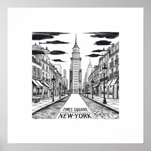 vintage ink drawing of times square street newyork poster