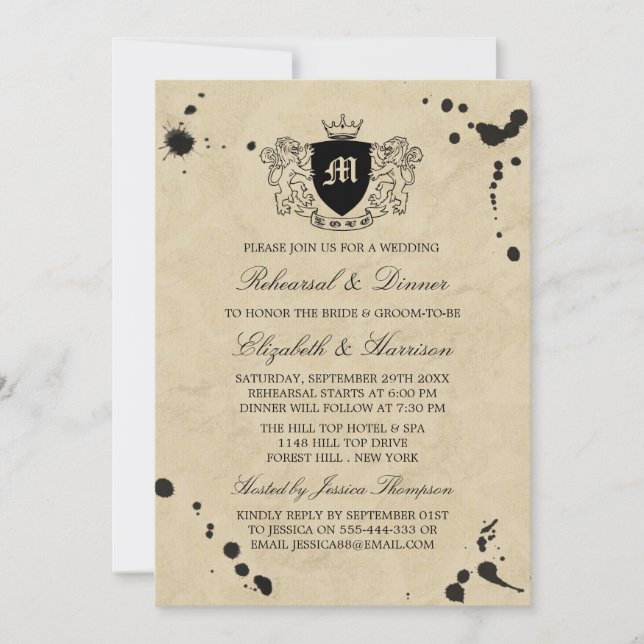 Vintage Ink Stain Monogram Crest Rehearsal Dinner Invitation (Front)