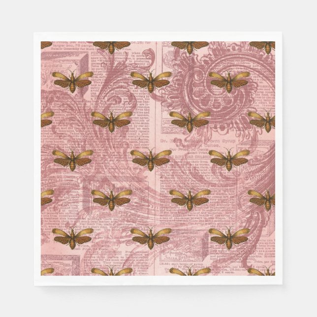 Vintage Insect Newsprint Collage Napkins (Front)