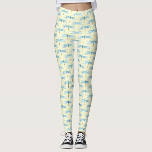 Vintage Insects Blue Damselfly Pattern  Leggings