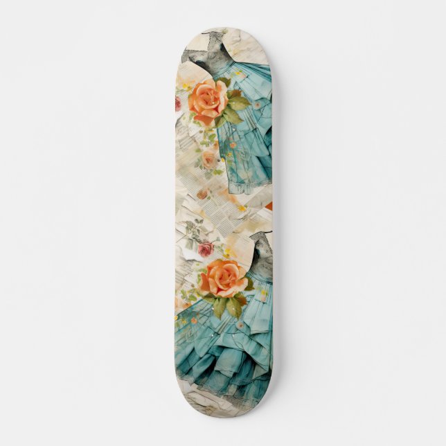 Vintage Inspire Blue Dress & Peach Rose Skateboard (Front)