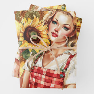 Vintage Inspired Blonde Girls & Sunflowers Wrapping Paper Sheets