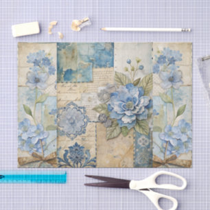 Vintage Inspired Blue Floral Collage Scrapbook Tissue Paper