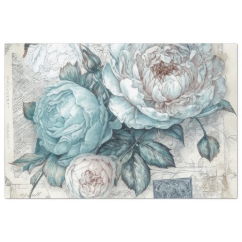 Vintage Inspired Blue Shabby Chic Floral Decoupage Tissue Paper