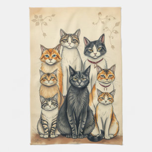 Vintage-Inspired Cat Family Portrait Kitchen Towel