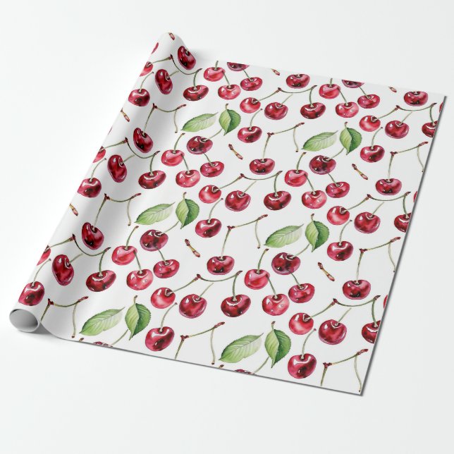 Vintage-Inspired Cherries and Leaves Wrapping Paper (Unrolled)