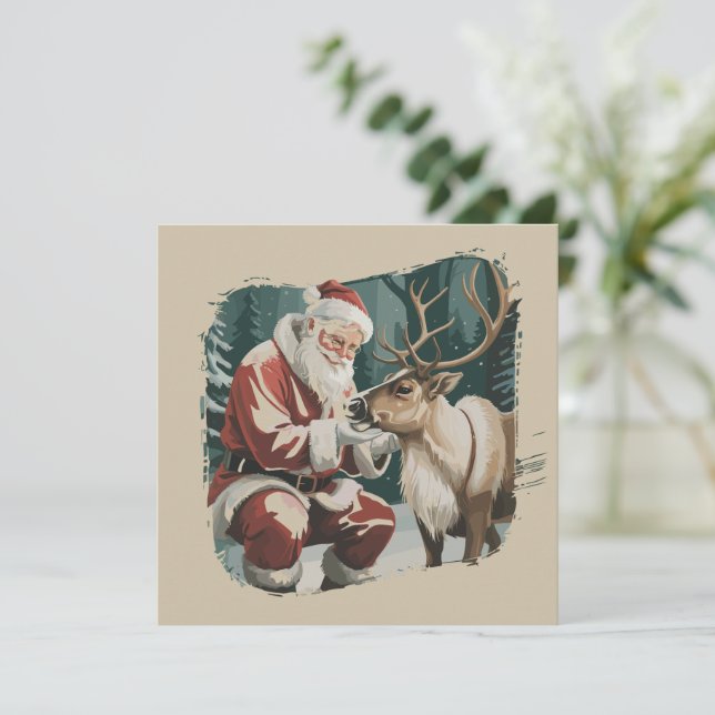 Vintage Inspired Christmas Retro Santa Reindeer  Holiday Card (Standing Front)