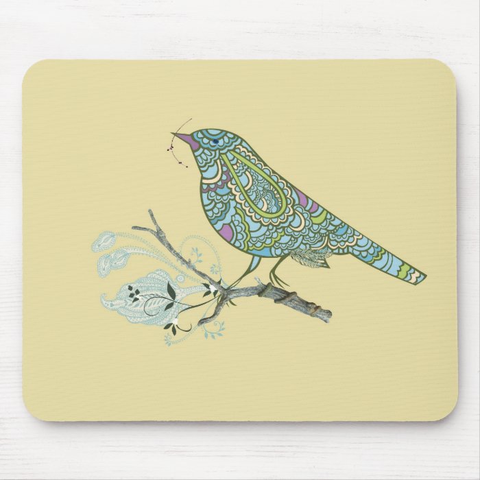 Vintage Inspired Cute Patterned Bird On A Branch Mouse Pads