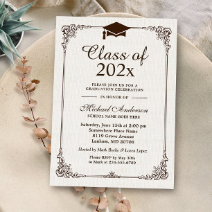 Vintage Inspired Elegant Ivory Linen Graduation Invitation