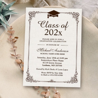 Vintage Inspired Elegant Ivory Linen Graduation Invitation