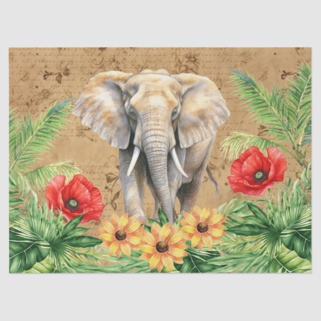 Vintage Inspired Elephant & Red Poppies Decoupage  Tissue Paper (Front)