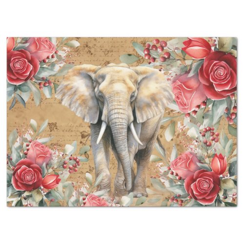 Vintage Inspired Elephant  Red Roses Decoupage  Tissue Paper