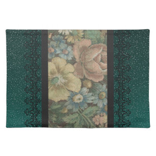 Vintage Inspired Floral Burlap and Dark Teal Cloth Placemat