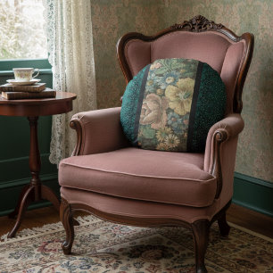 Vintage Inspired Floral Burlap and Dark Teal  Round Pillow