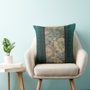 Vintage Inspired Floral Burlap and Dark Teal Throw Pillow