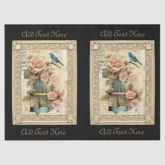 Vintage Inspired Framed Bird & Cage Script Tissue Paper (Front)