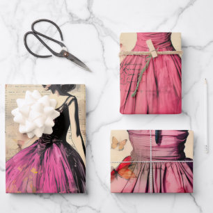 Vintage Inspired Girl with Butterflies Wrapping Paper Sheets