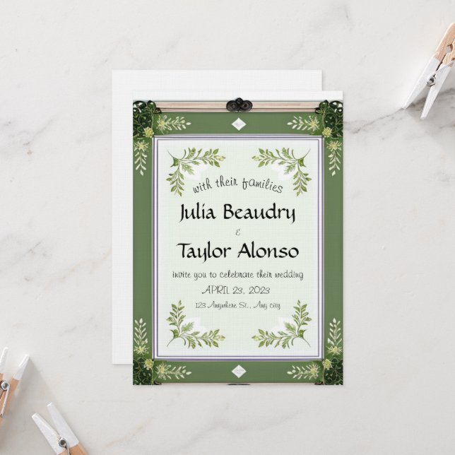 Vintage-Inspired Green Floral Border invitation (Front/Back In Situ)