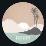 Vintage Inspired Island Wedding Sticker<br><div class="desc">A retro inspired wedding sticker featuring an illustration of an island with two palm trees and clouds with sunset at horizon.  Look for matching wedding suite at Jill's Paperie. Personalize with names.</div>